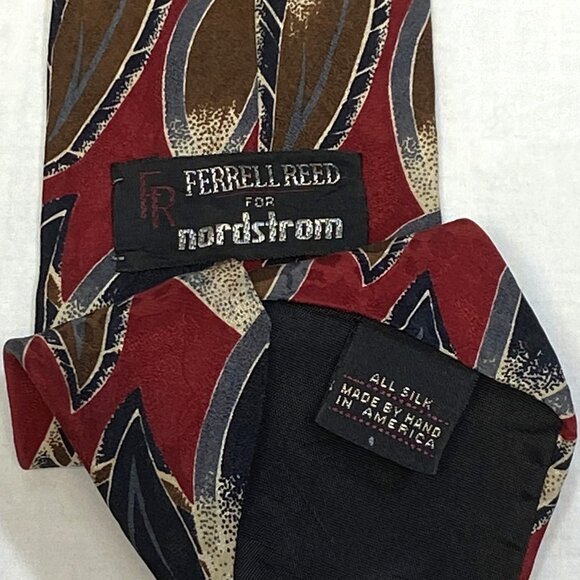 Ferrell Reed for Nordstrom Hand Sewn USA Wide Silk Neck Tie Red Grey Leaves - Picture 5 of 5